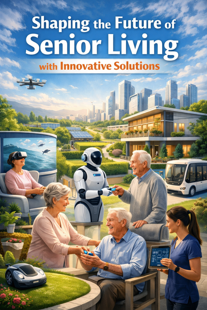 Futuristic senior living community where residents interact with AI assistants, VR headsets, and smart devices. Smiling, active residents are socially engaged, enjoying meaningful activities, while a robotic assistant supports staff. Modern buildings and greenery convey innovation, well-managed care, and an optimistic, technology-enabled environment.