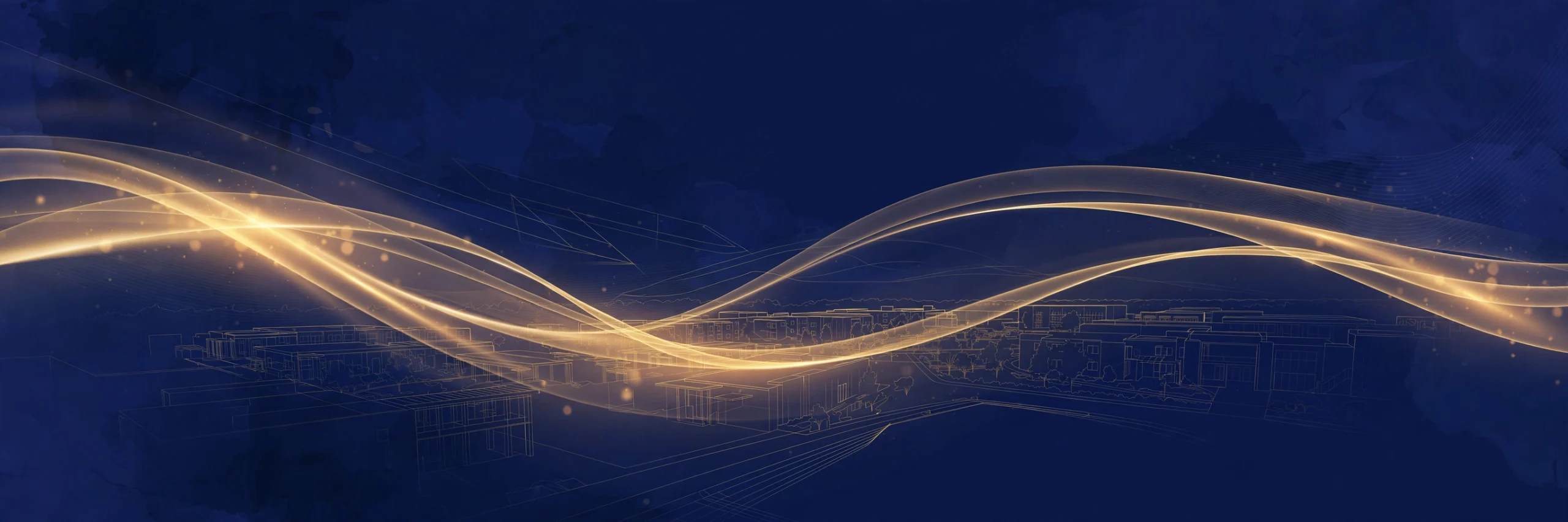 Golden light ribbons sweeping across a dark navy background with faint architectural wireframe sketches