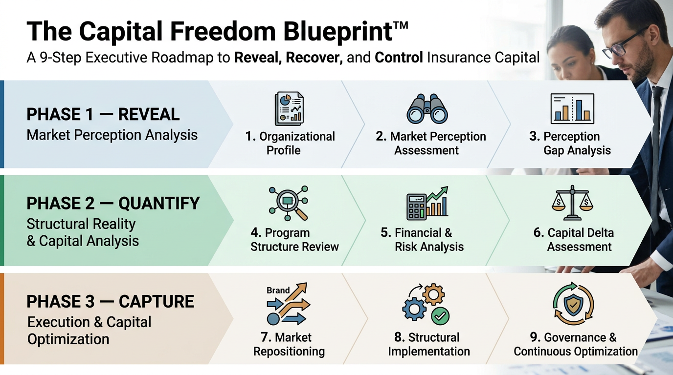 Capital Freedom Blueprint infographic: nine steps organized into three phases, REVEAL, QUANTIFY and CAPTURE