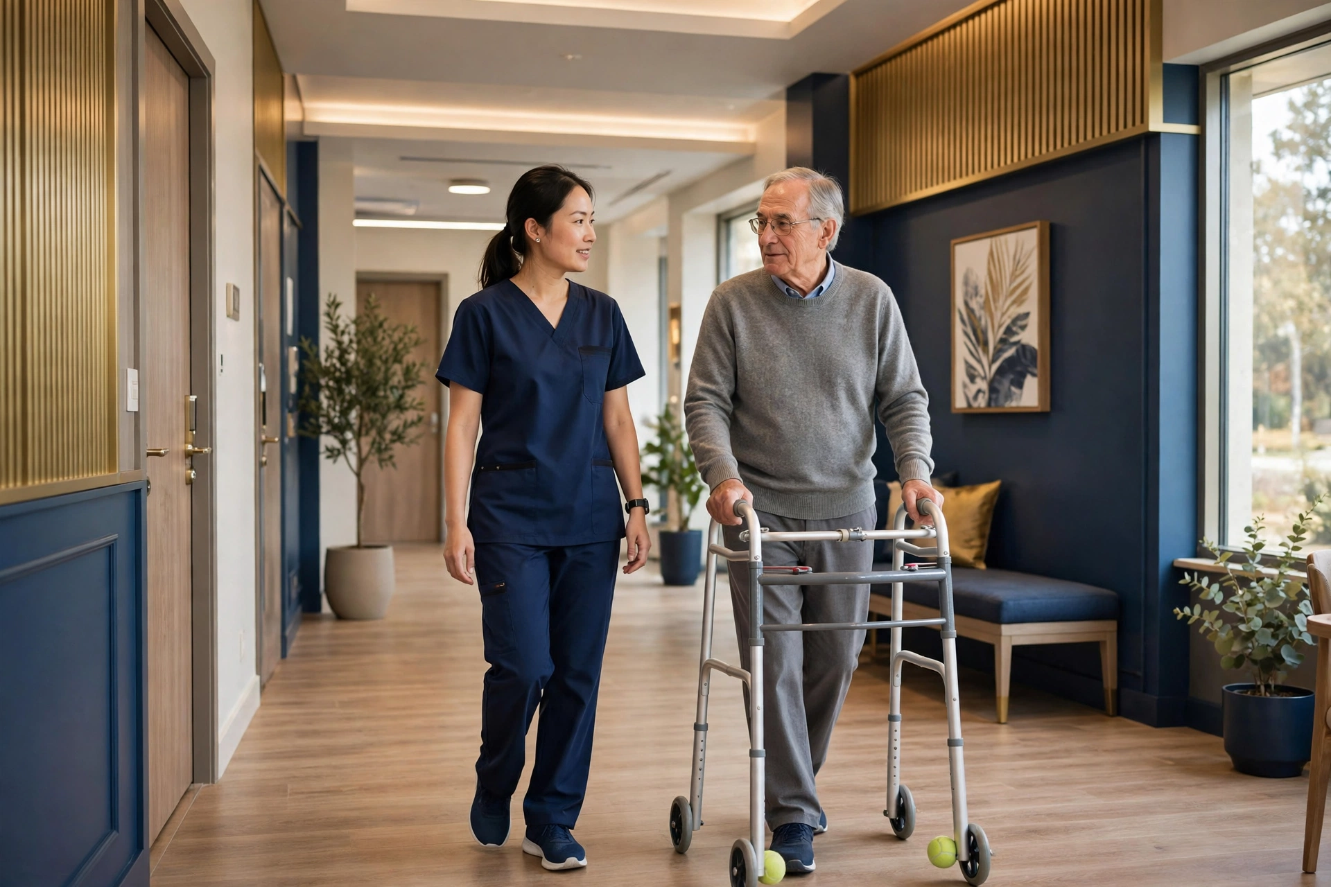Caregiver walking with a resident in an assisted living community
