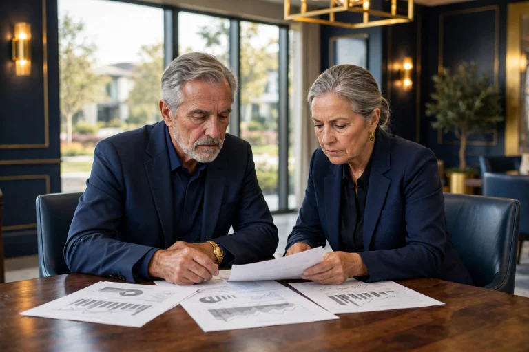 Senior living executives reviewing captive insurance documents in a boardroom