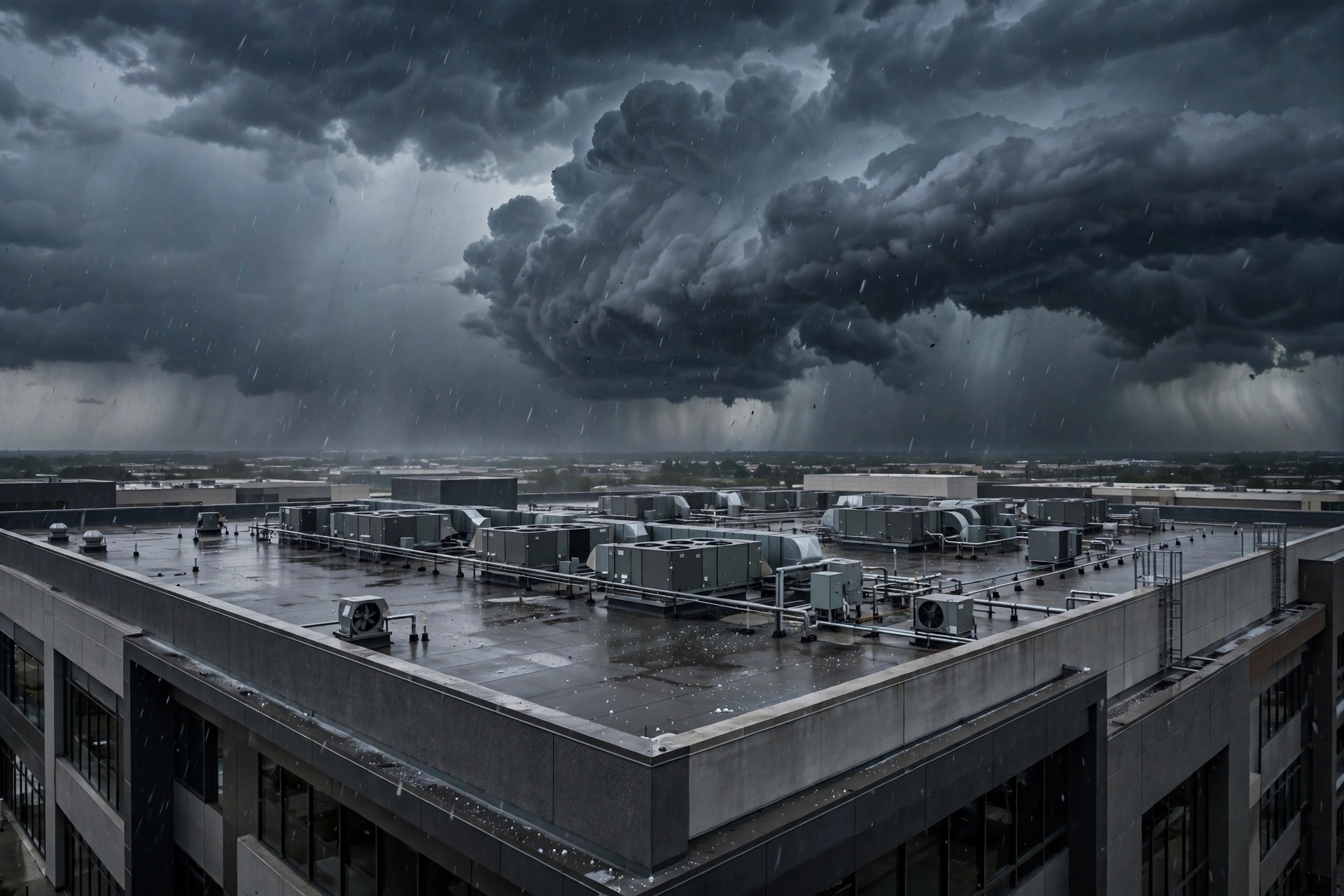 Storm clouds over a commercial building roof before a hailstorm
