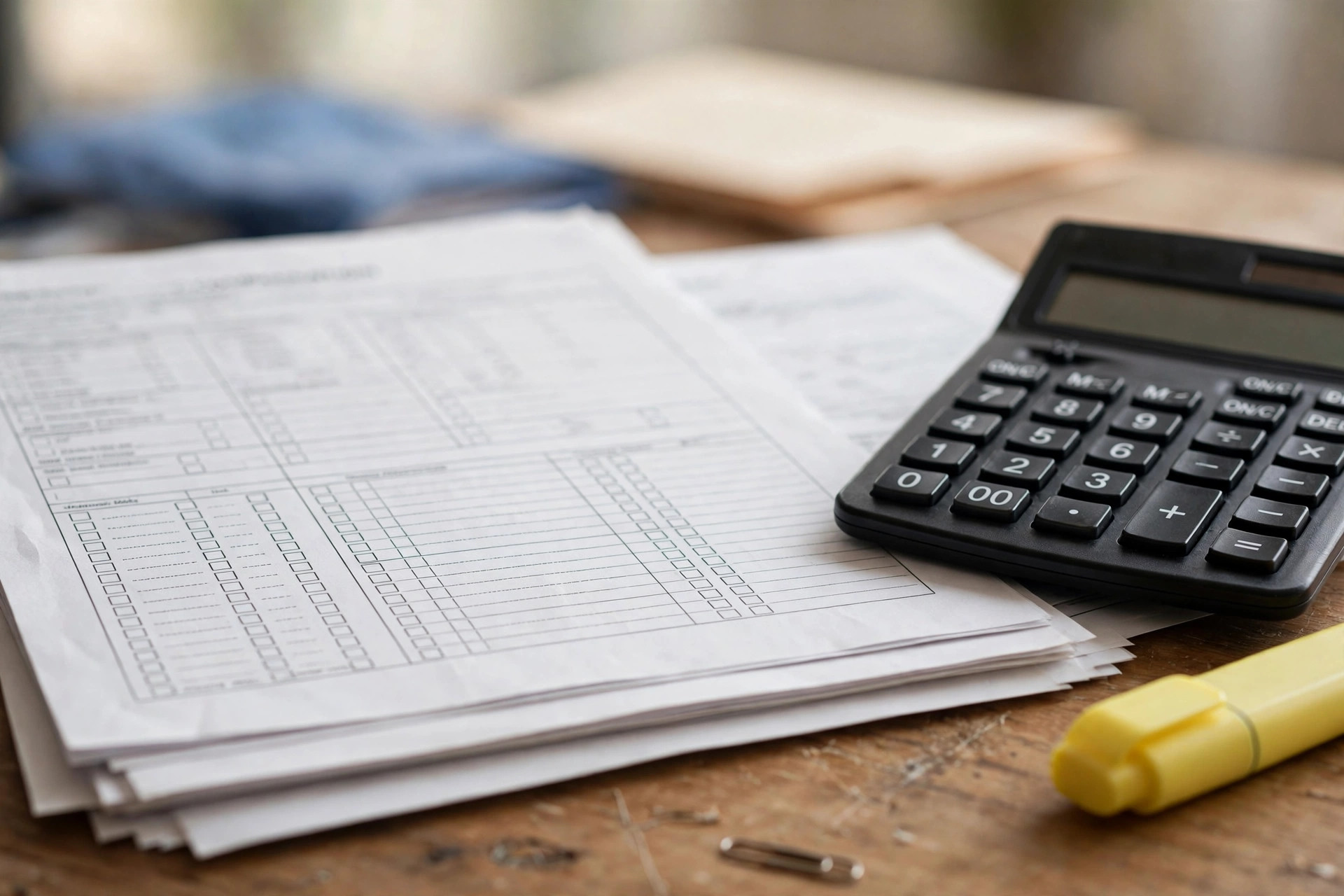 Workers compensation audit paperwork with calculator