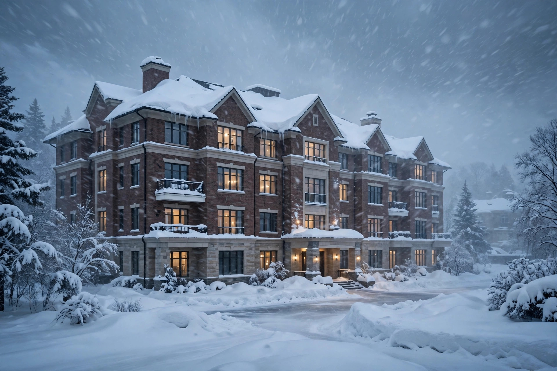 Residential building in a winter snowstorm