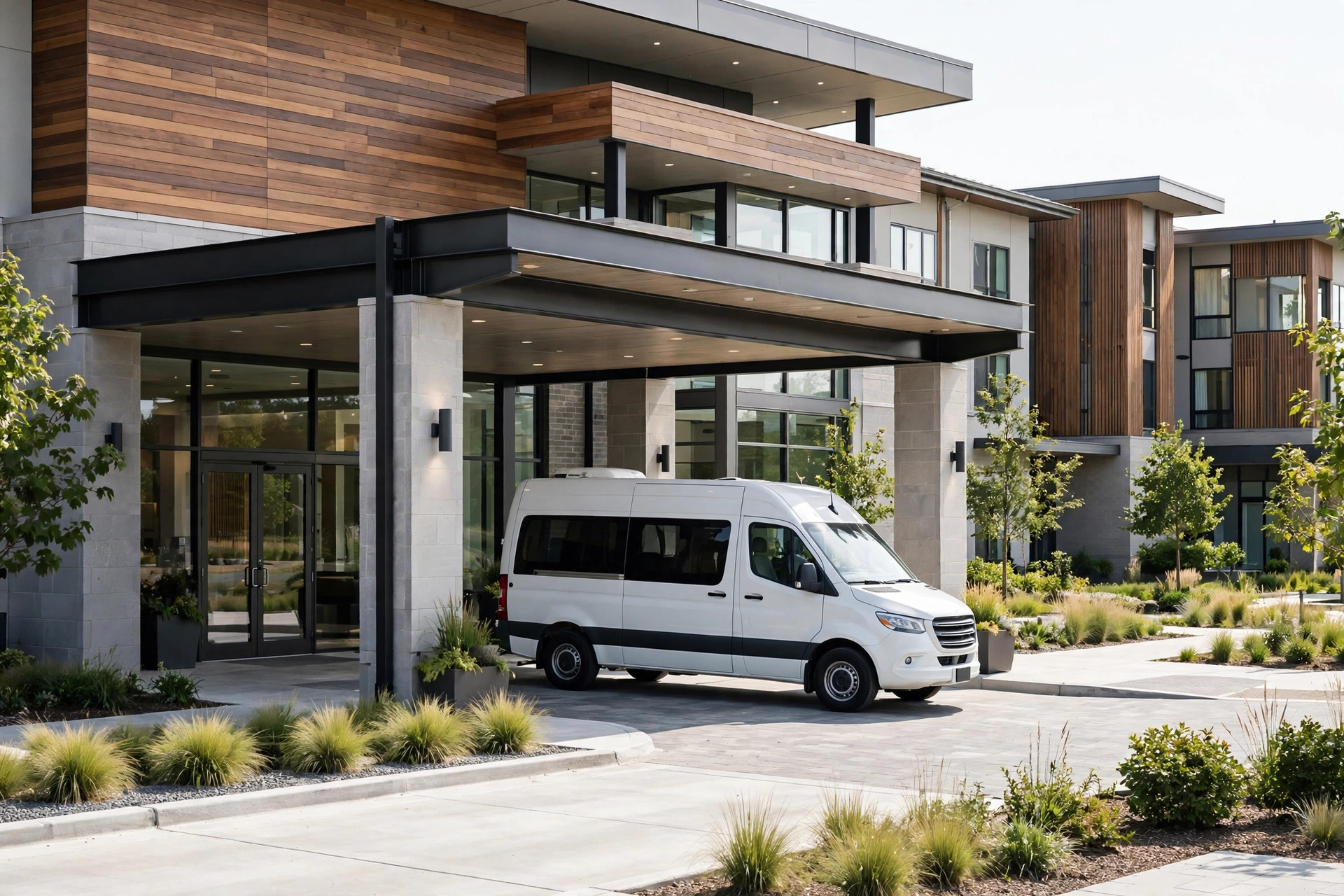 Passenger transport van at a senior living community entrance