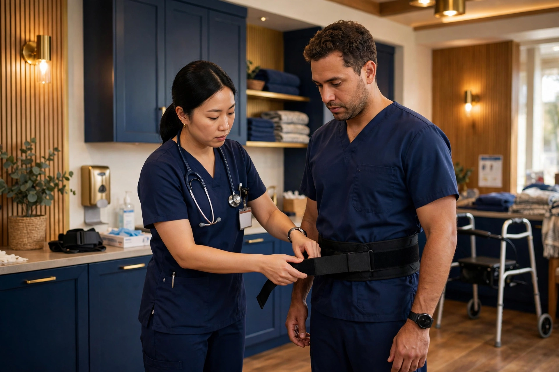 Caregiver using safe patient lifting technique in a senior living community