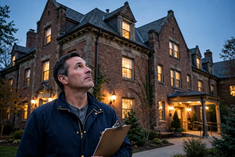 Older assisted living building at dusk, facilities director reviewing the roofline