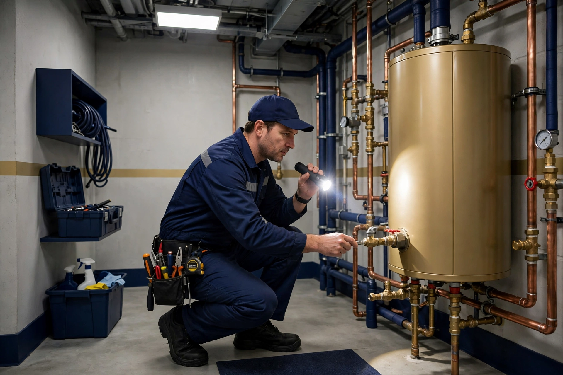 Maintenance technician inspecting pipes and a water heater in a senior living mechanical room